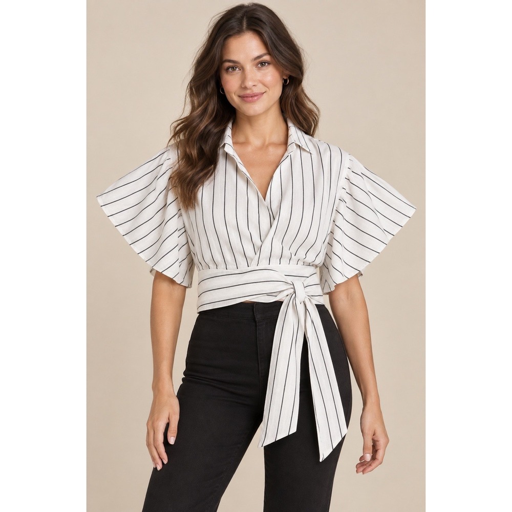 Free People Womens S White Black Striped Linen Blend Wrap Tie Flutter Sleeve Top